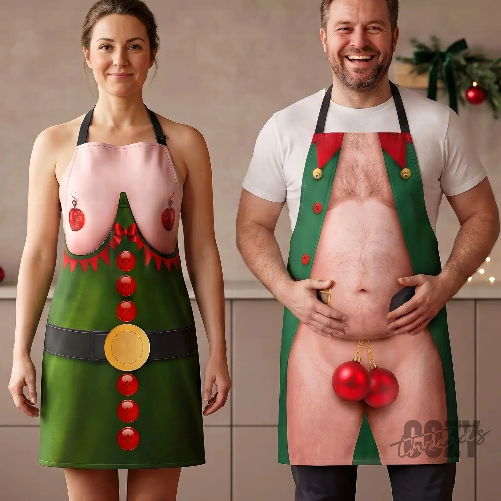 Funny Christmas Elf Costume Apron for Couples, Holiday Kitchen Cooking Aprons