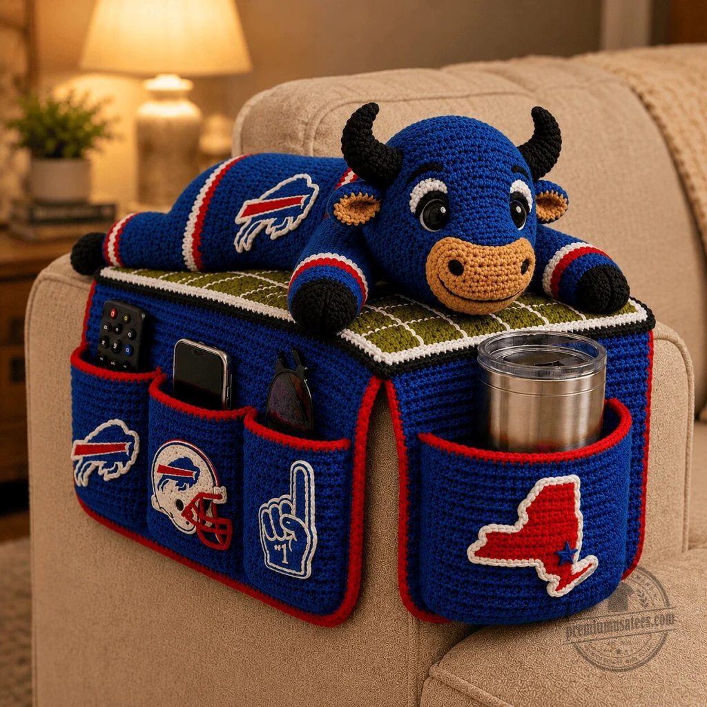 Buffalo Bills Football Team Crochet Sofa Armrest Organizer with Bull Mascot Buffalo Bills Football Team Crochet Sofa Armrest Organizer with Bull Mascot