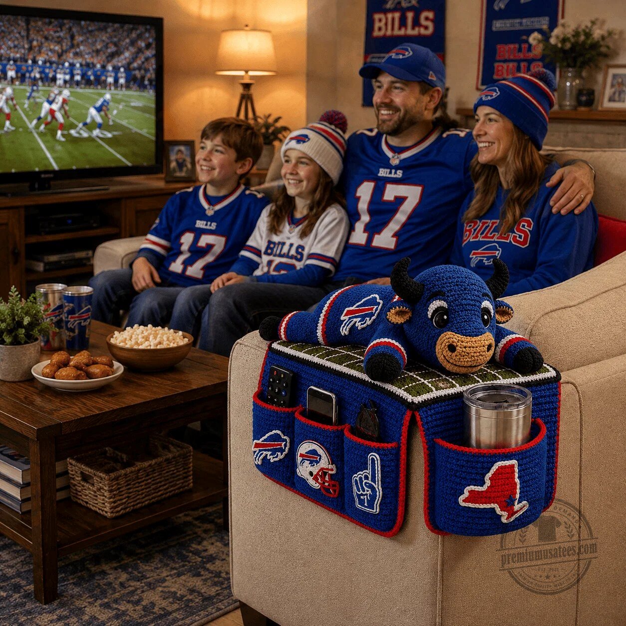 Buffalo Bills Football Team Crochet Sofa Armrest Organizer with Bull Mascot 3 Buffalo Bills Football Team Crochet Sofa Armrest Organizer with Bull Mascot