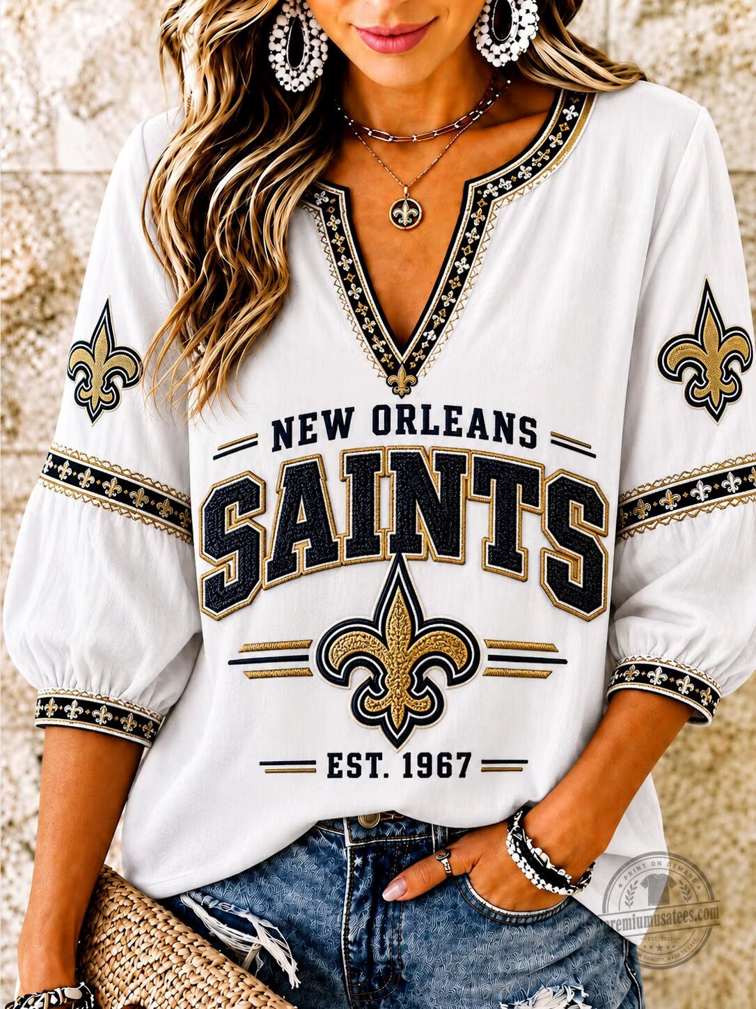 New Orleans Saints Football Team Embroidered V-Neck Women's Blouse 1 New Orleans Saints Football Team Embroidered V-Neck Women