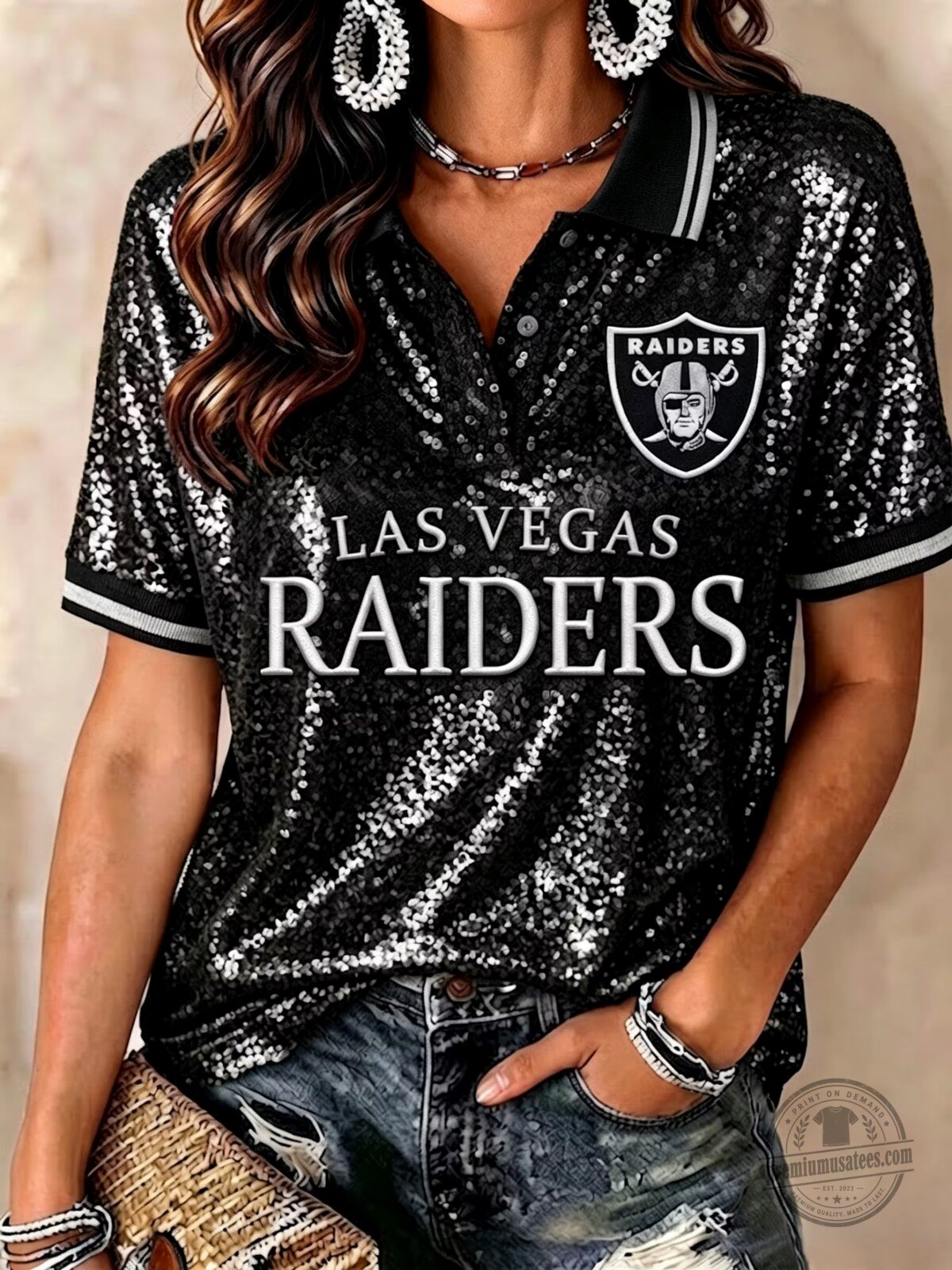 Las Vegas Raiders Sequin Black Polo Shirt for Women 1 Las Vegas Raiders Sequin Black Polo Shirt for Women