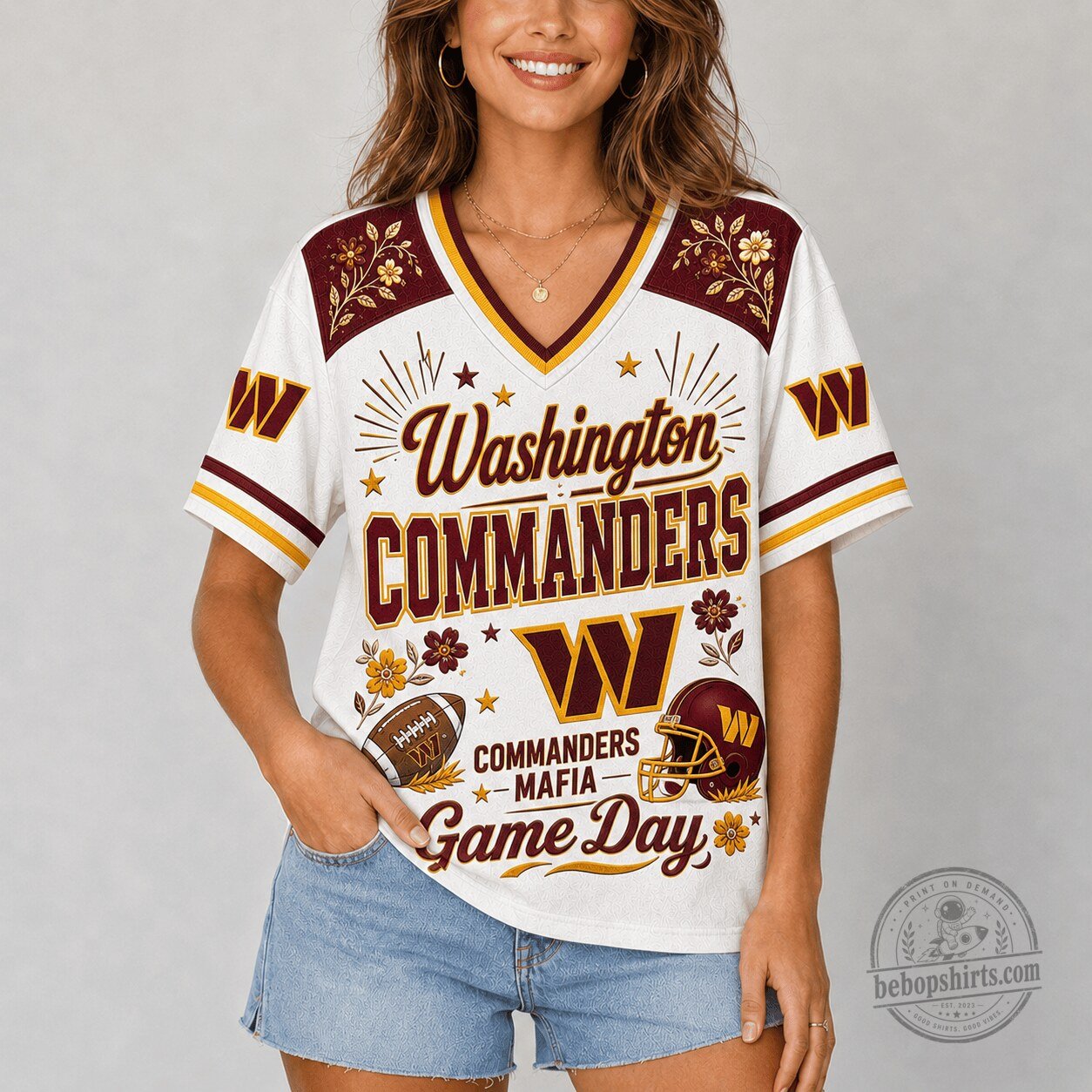 Washington Commanders Football Game Day Flowers V-Neck Jersey for Women