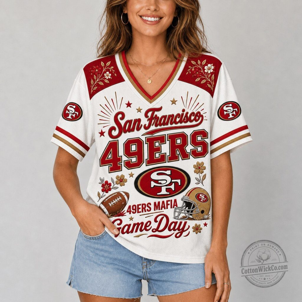 San Francisco 49ers Game Day Flowers V-Neck Football Jersey for Women San Francisco 49ers Game Day Flowers V-Neck Football Jersey for Women