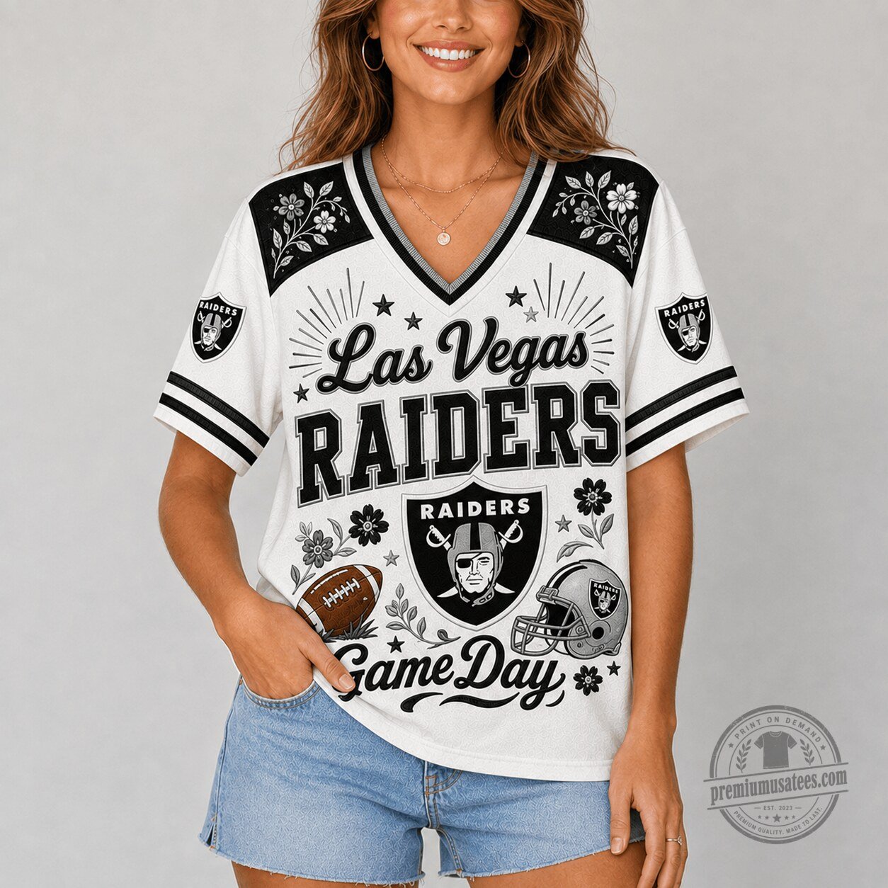 Las Vegas Raiders NFL Football Game Day Flowers V-Neck Jersey for Women
