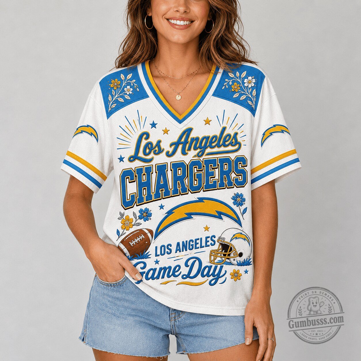 Los Angeles Chargers NFL Football Game Day Flowers V-Neck T-Shirt