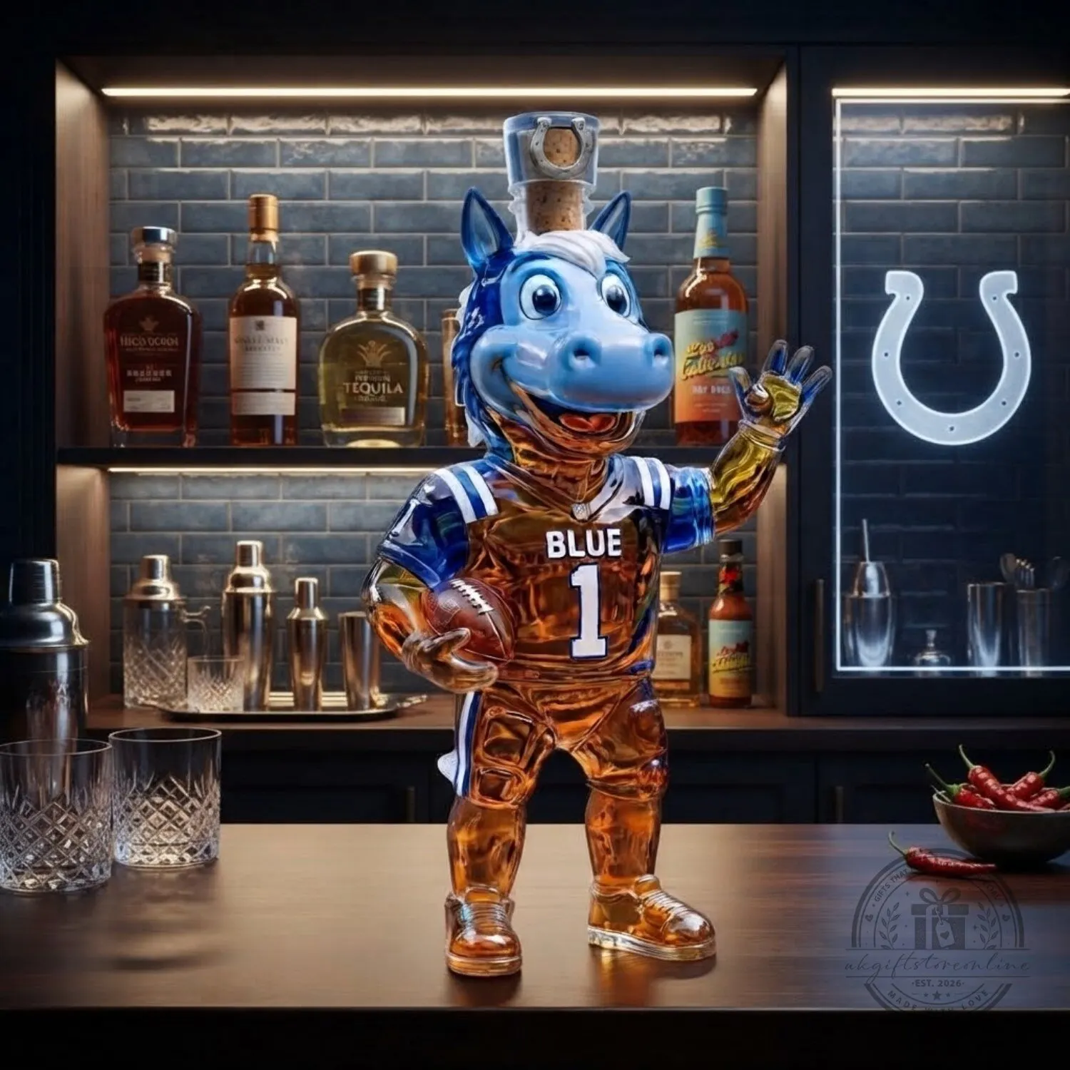 Indianapolis Colts Blue Mascot Whiskey Bottle 5 Indianapolis Colts Blue Mascot Whiskey Bottle