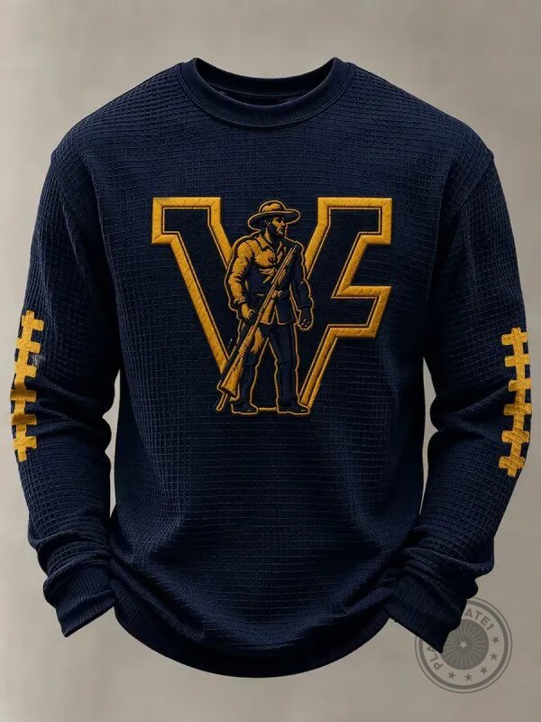 West Virginia Mountaineers Mascot Ombre Waffle Knit Long Sleeve Sweatshirt 3 West Virginia Mountaineers Mascot Ombre Waffle Knit Long Sleeve Sweatshirt