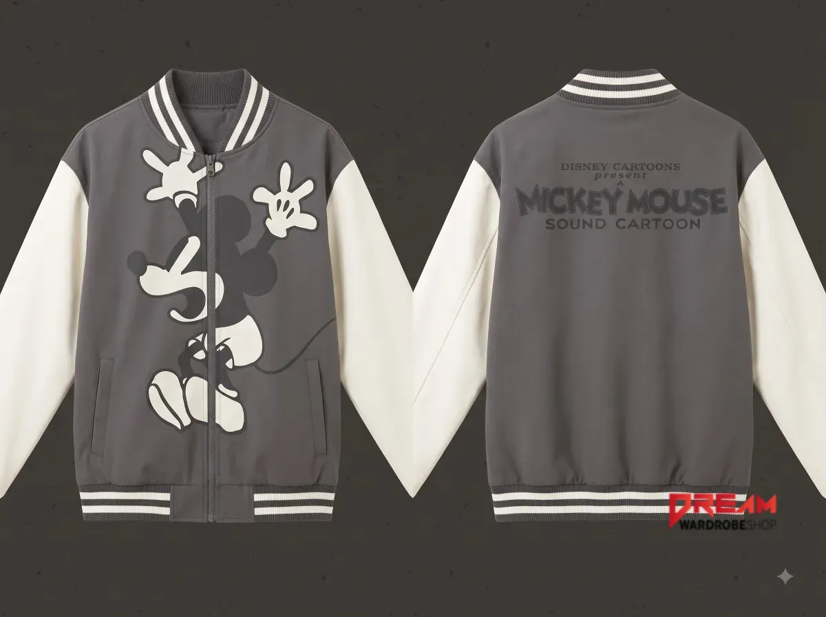 Front view of grey and cream varsity jacket with vintage Mickey Mouse character art.