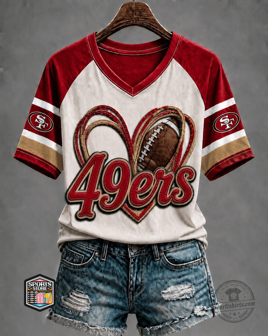 San Francisco 49ers Heart Football Graphic V-Neck T-Shirt
