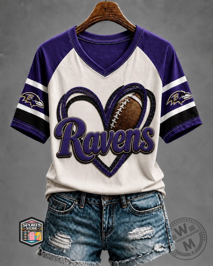 Baltimore Ravens Heart Football Logo Purple and White V-Neck T-Shirt