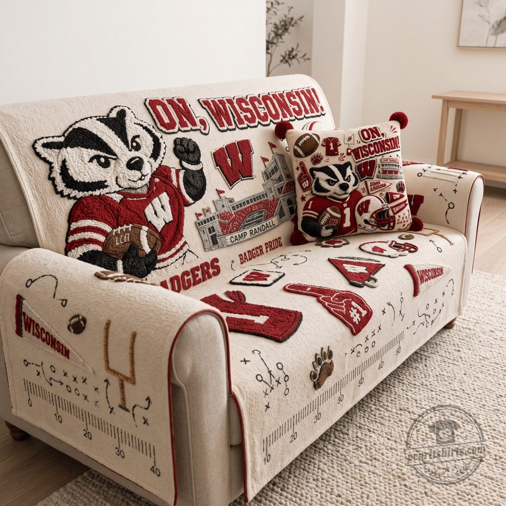 Wisconsin Badgers Football Sofa Cover with Matching Throw Pillow Wisconsin Badgers Football Sofa Cover with Matching Throw Pillow
