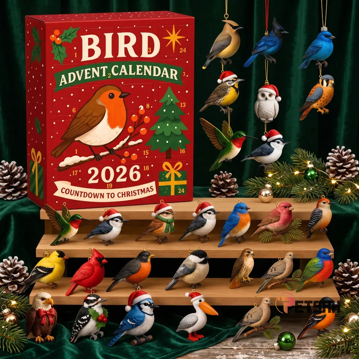 Bird Advent Calendar 2026 Christmas Countdown Ornament Set for Bird Lovers 3 Detailed view of the 2026 bird ornament collection including raptors and songbirds.