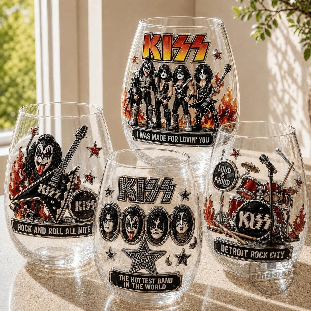Kiss Band Members Rock and Roll All Nite Stemless Wine Glass