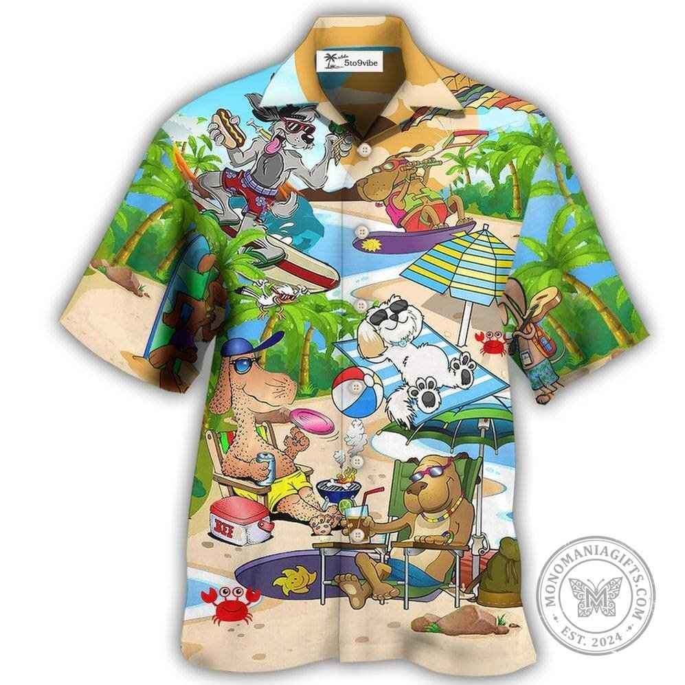 Funny Dogs Playing on the Beach Summer Vacation Hawaiian Shirt