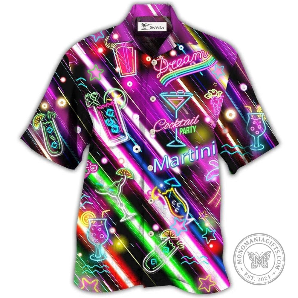 Hawaiian Shirt for Party Dreams Featuring Neon Cocktail Martini and Happy Hour Vibes