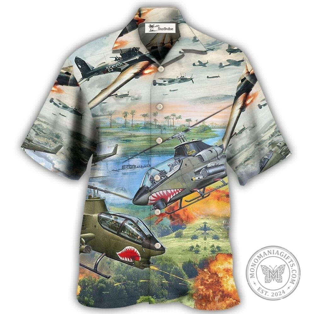 Military Combat Aircraft Helicopter Battle Scene Hawaiian Shirt