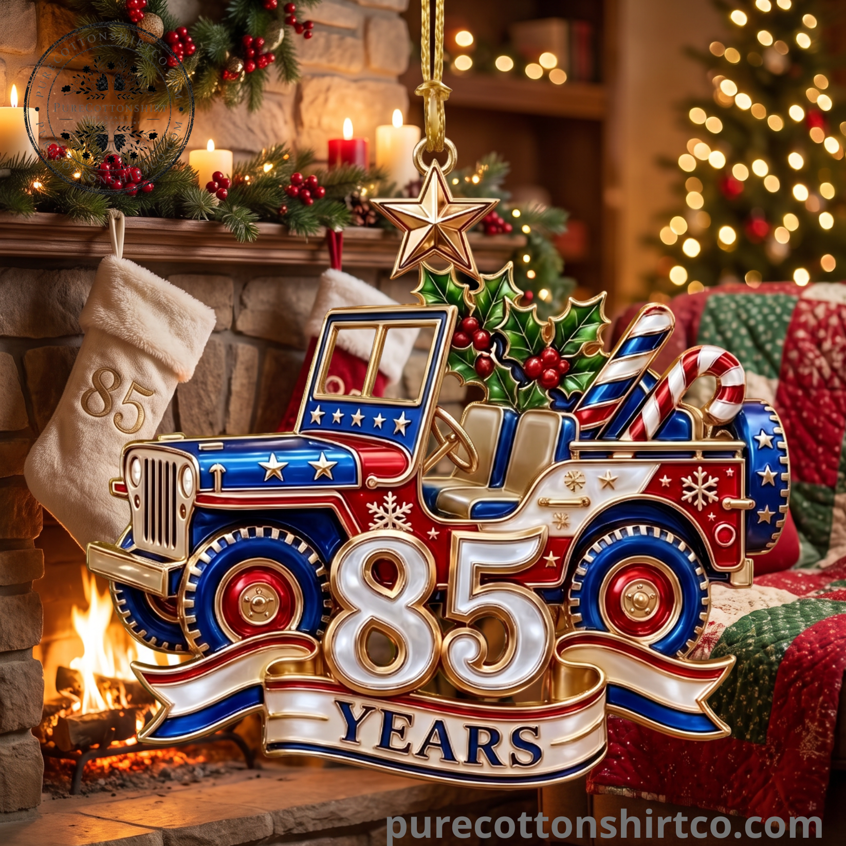 Vintage Off-Road Vehicle 85th Anniversary Christmas Ornament - Flat Printed Patriotic Jeep Style Holiday Tree Hanging Decor