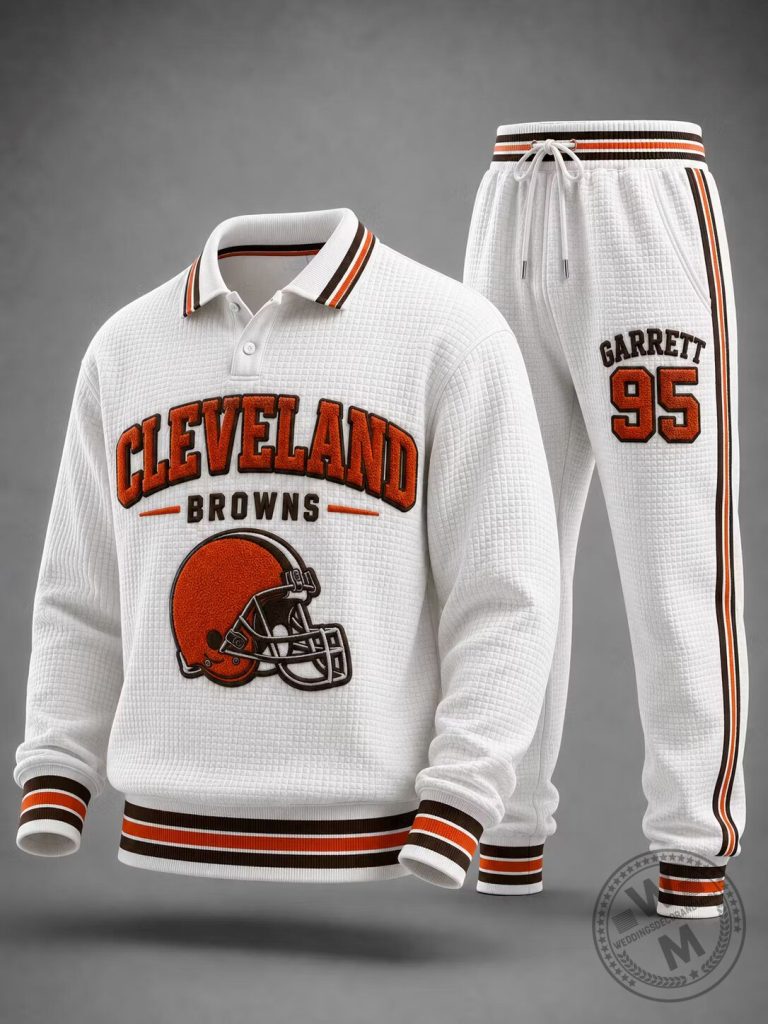 Cleveland Browns Football Team Embroidered Quilted Polo Shirt and Jogger Pants Set