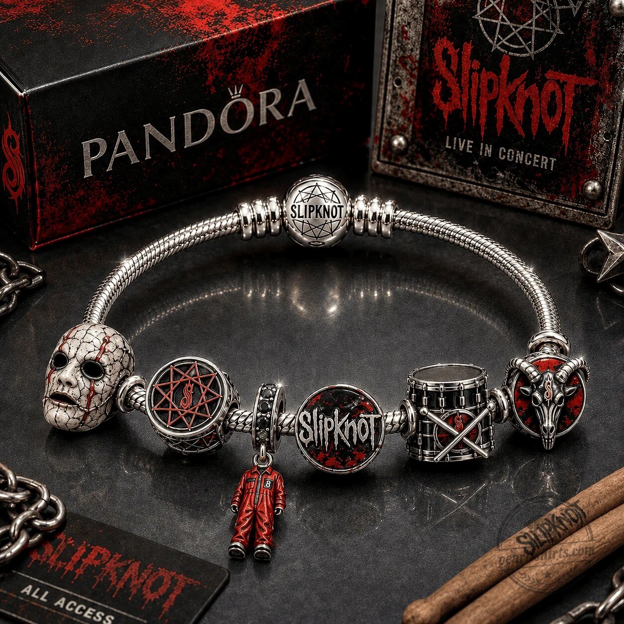 Slipknot Band Logo Silver Charm Bracelet with Pandora Style Beads