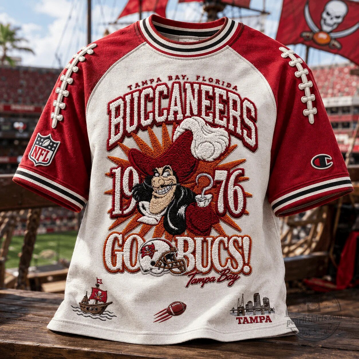 Tampa Bay Buccaneers NFL Football Captain Hook Go Bucs Embroidered T-Shirt