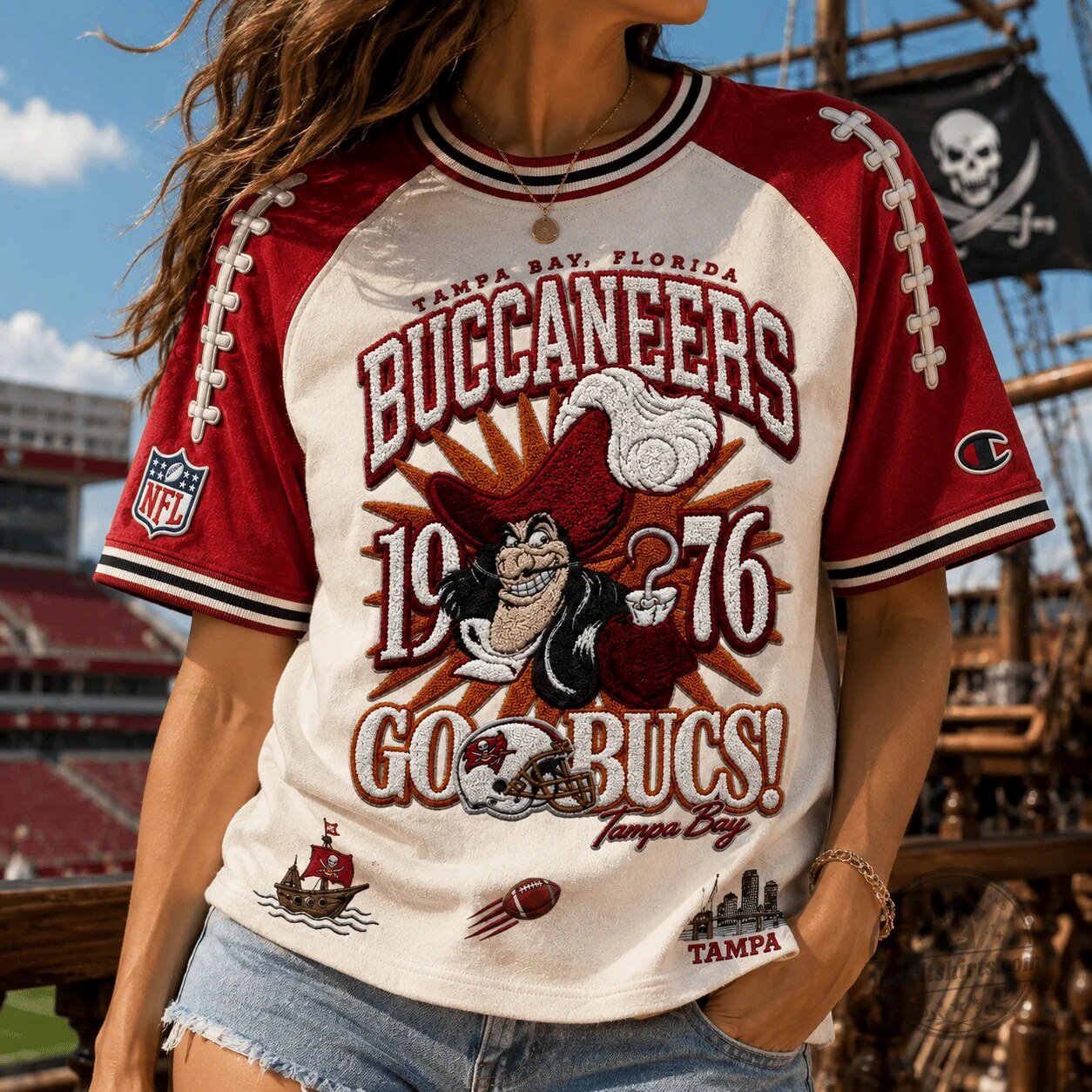 Tampa Bay Buccaneers NFL Football Captain Hook Go Bucs Embroidered T-Shirt 4 Tampa Bay Buccaneers NFL Football Captain Hook Go Bucs Embroidered T-Shirt
