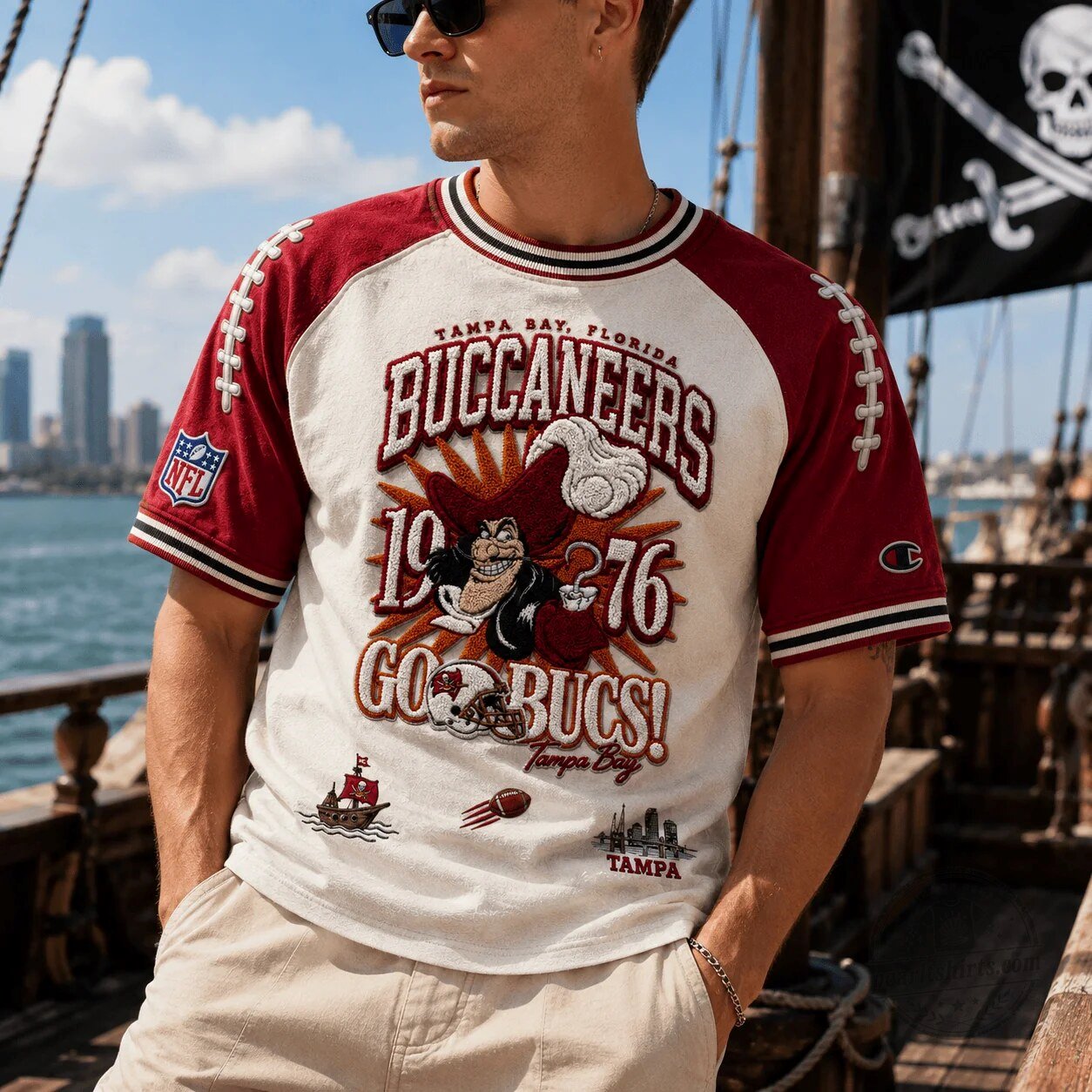 Tampa Bay Buccaneers NFL Football Captain Hook Go Bucs Embroidered T-Shirt 5 Tampa Bay Buccaneers NFL Football Captain Hook Go Bucs Embroidered T-Shirt