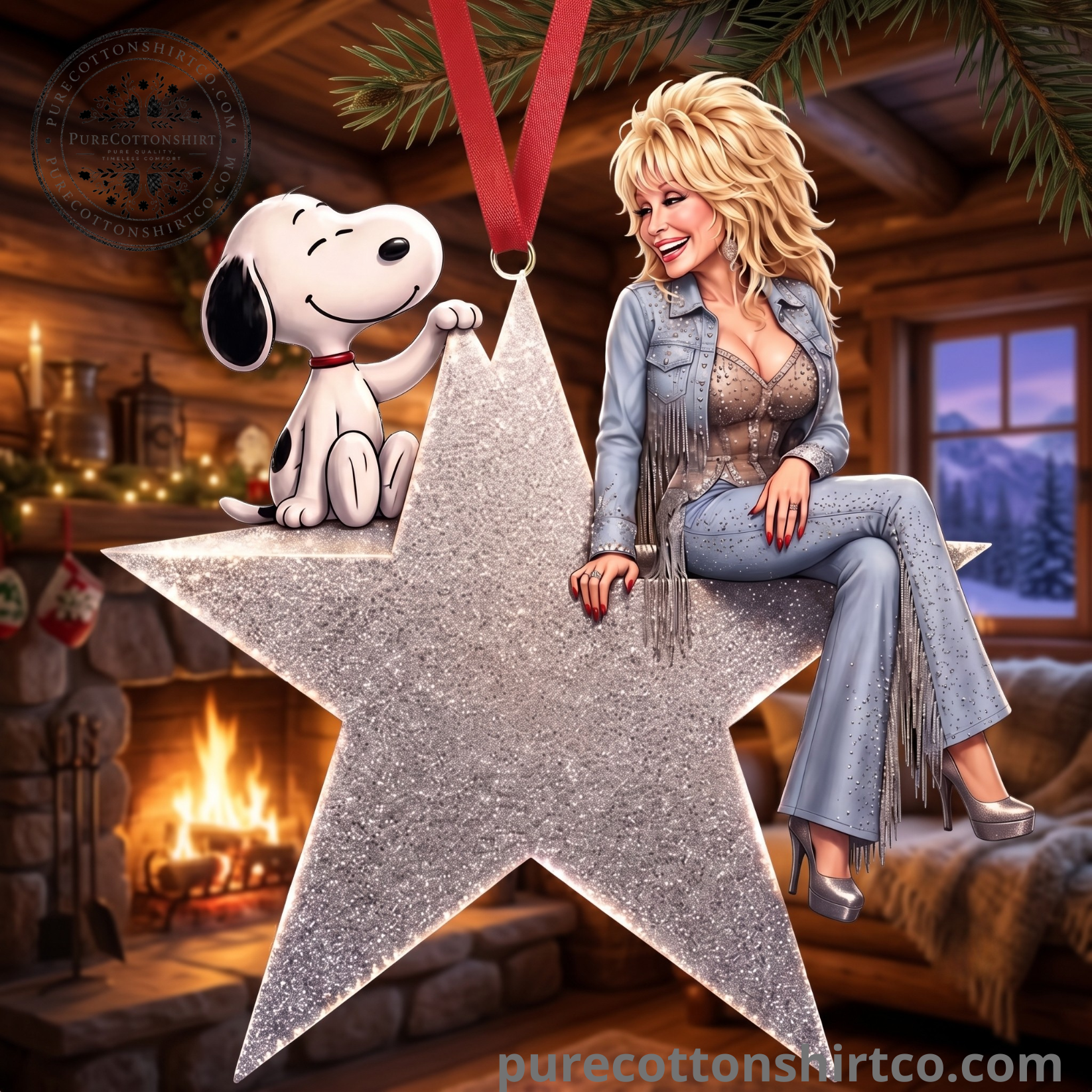 Dolly Parton & Snoopy Silver Star Christmas Ornament | Country Music Holiday Decor