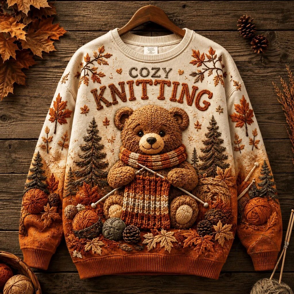 Autumn Leaves Crewneck Sweatshirt featuring Cozy Knitting Bear Design Autumn Leaves Crewneck Sweatshirt featuring Cozy Knitting Bear Design
