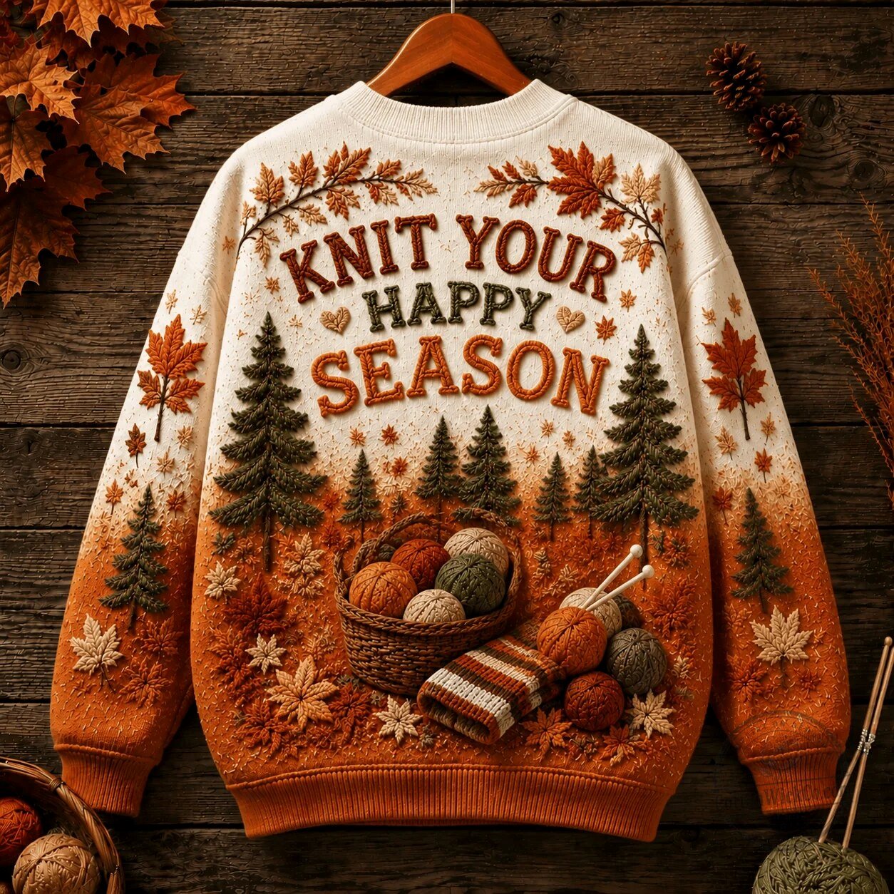 Autumn Leaves Crewneck Sweatshirt featuring Cozy Knitting Bear Design 5 Autumn Leaves Crewneck Sweatshirt featuring Cozy Knitting Bear Design