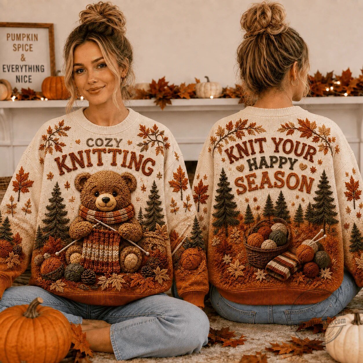 Autumn Leaves Crewneck Sweatshirt featuring Cozy Knitting Bear Design 6 Autumn Leaves Crewneck Sweatshirt featuring Cozy Knitting Bear Design