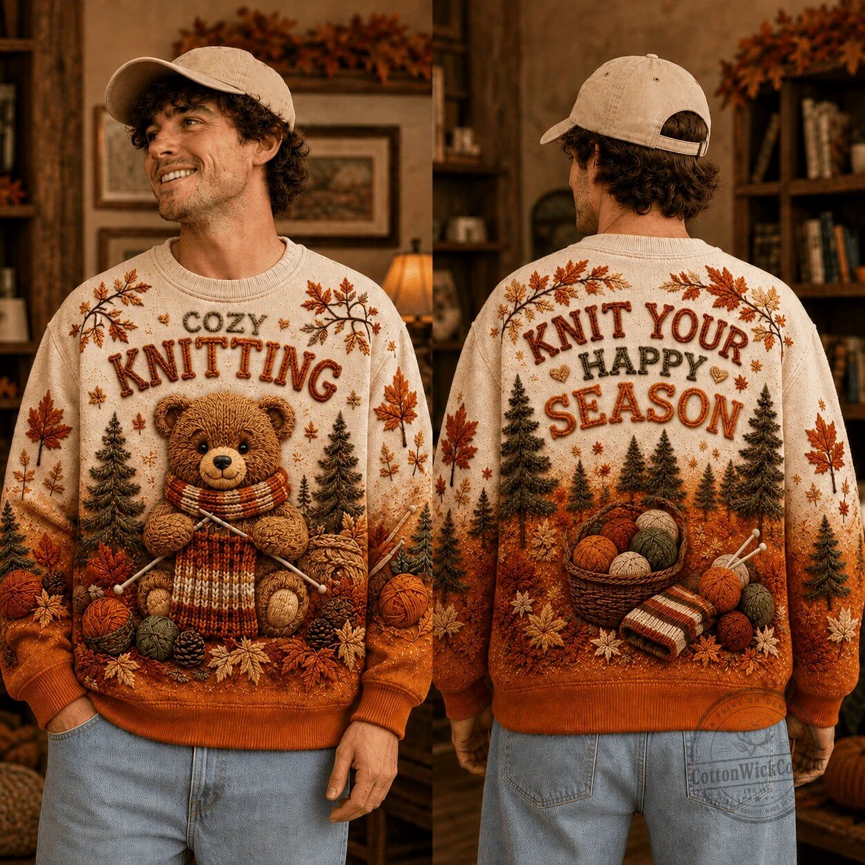 Autumn Leaves Crewneck Sweatshirt featuring Cozy Knitting Bear Design 7 Autumn Leaves Crewneck Sweatshirt featuring Cozy Knitting Bear Design