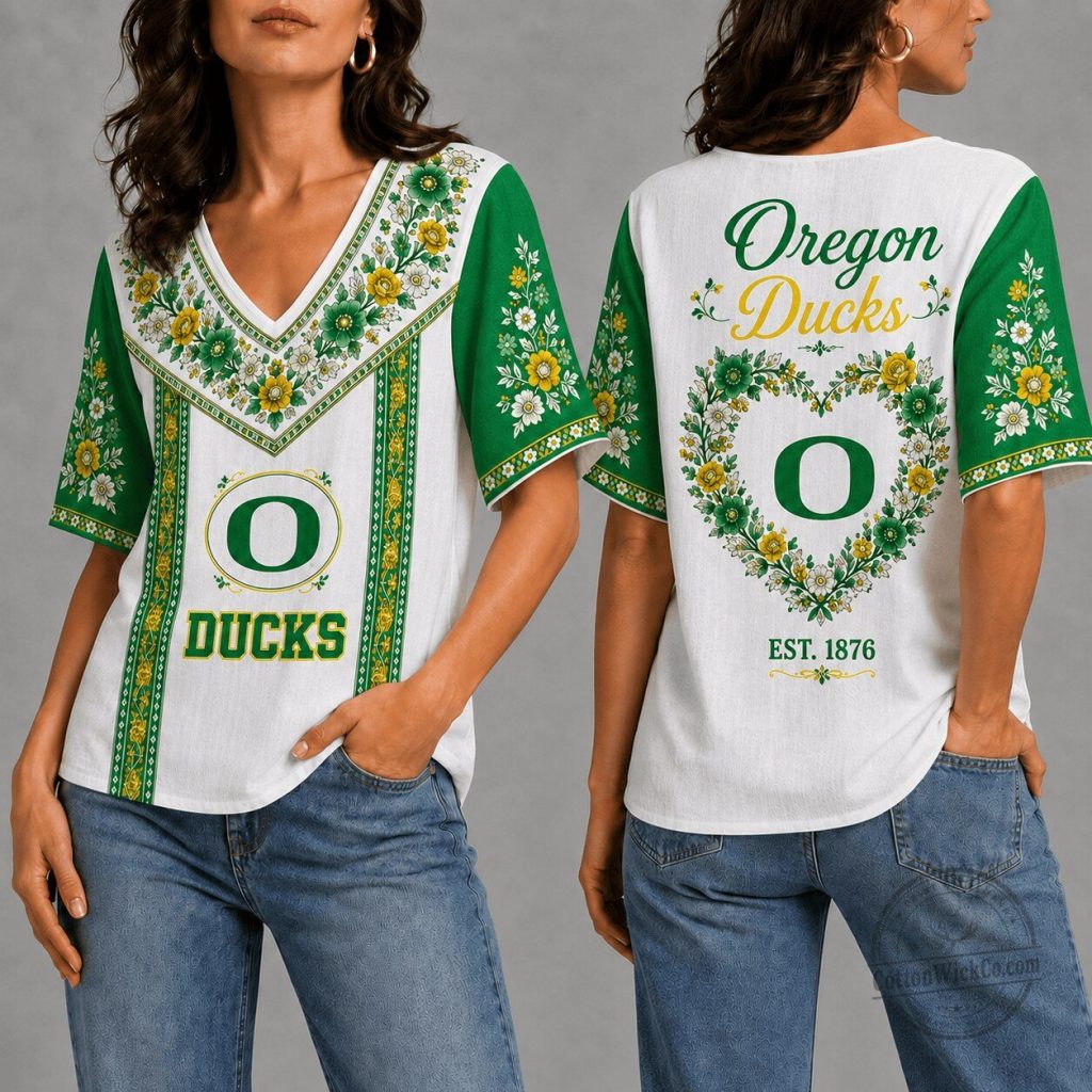 Oregon Ducks Women's Floral V-Neck Vintage Style Short Sleeve T-Shirt