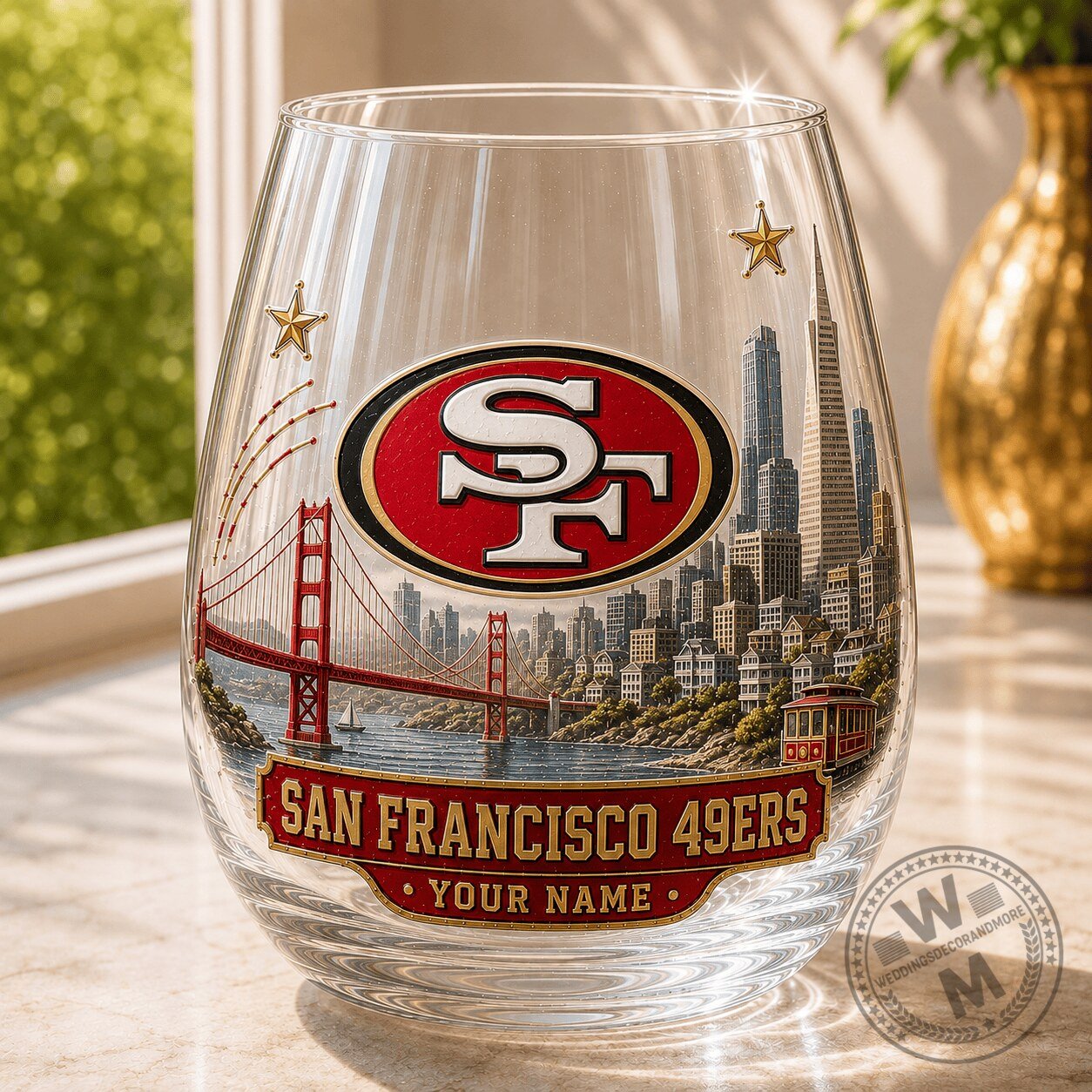 San Francisco 49ers NFL Stemless Wine Glass with Golden Gate Bridge Cityscape