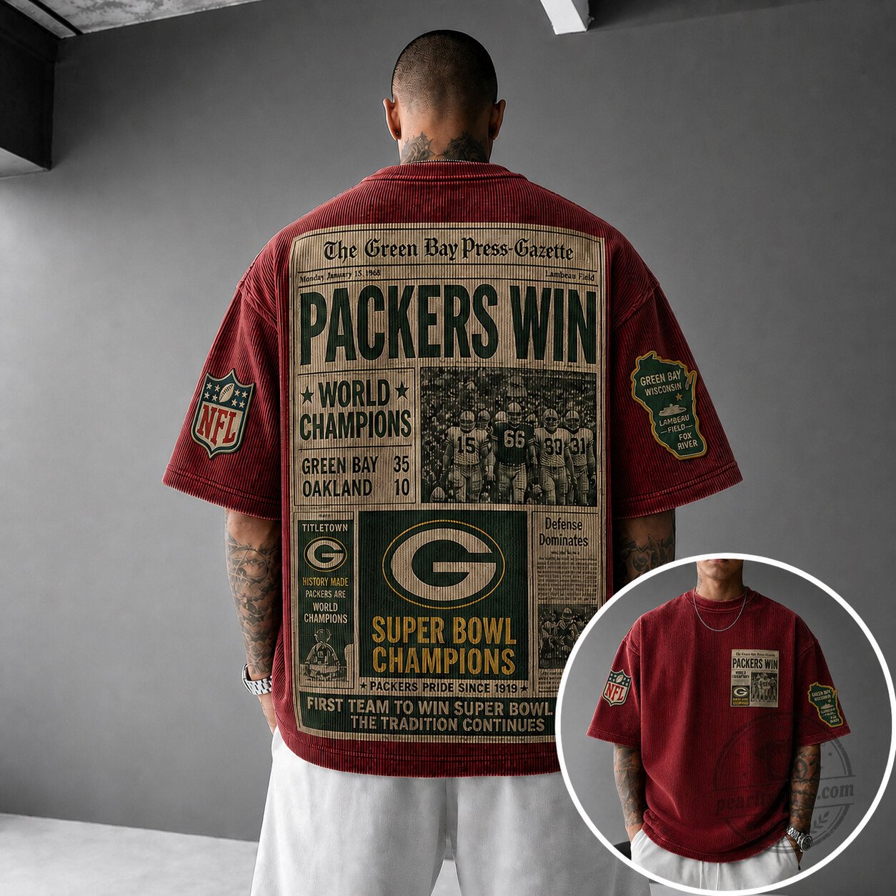 Green Bay Packers Super Bowl Champions Newspaper Headline Red T-Shirt