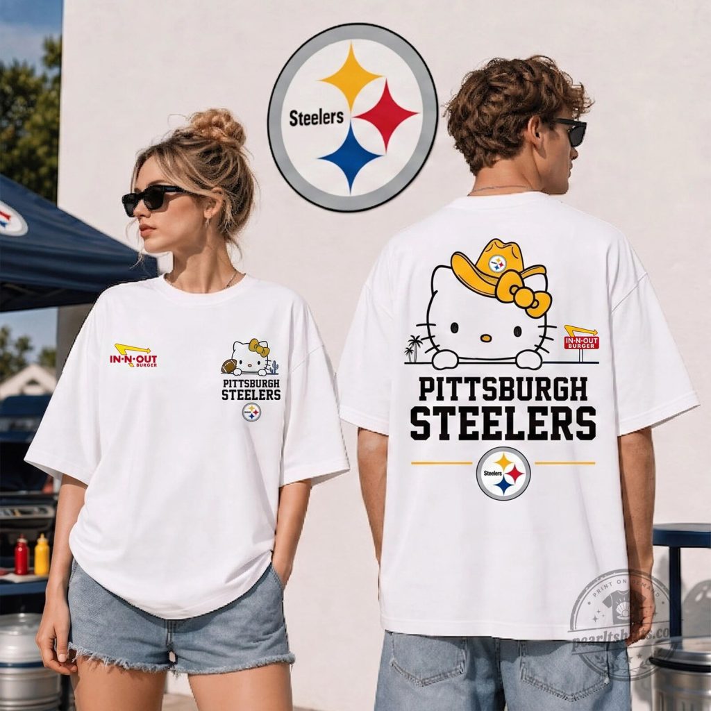 Pittsburgh Steelers Hello Kitty In-N-Out Burger Game Day White T-Shirt Pittsburgh Steelers Hello Kitty In-N-Out Burger Game Day White T-Shirt