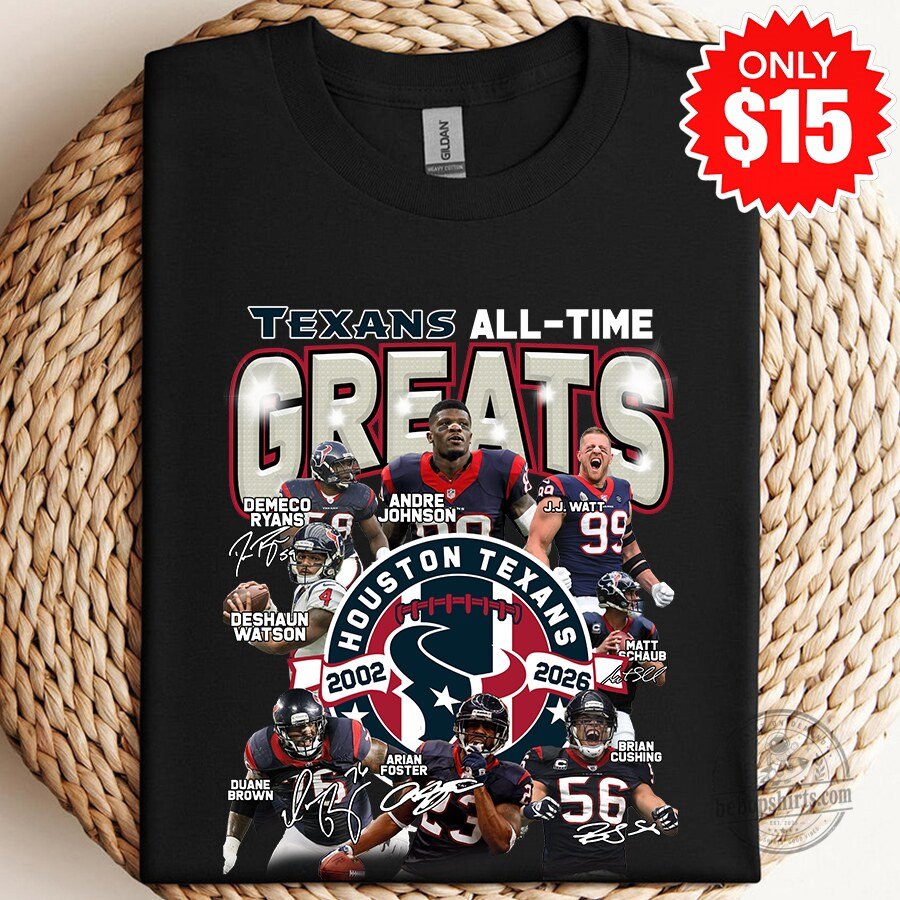 Houston Texans All-Time Greats Football Team Player Signatures Black T-Shirt
