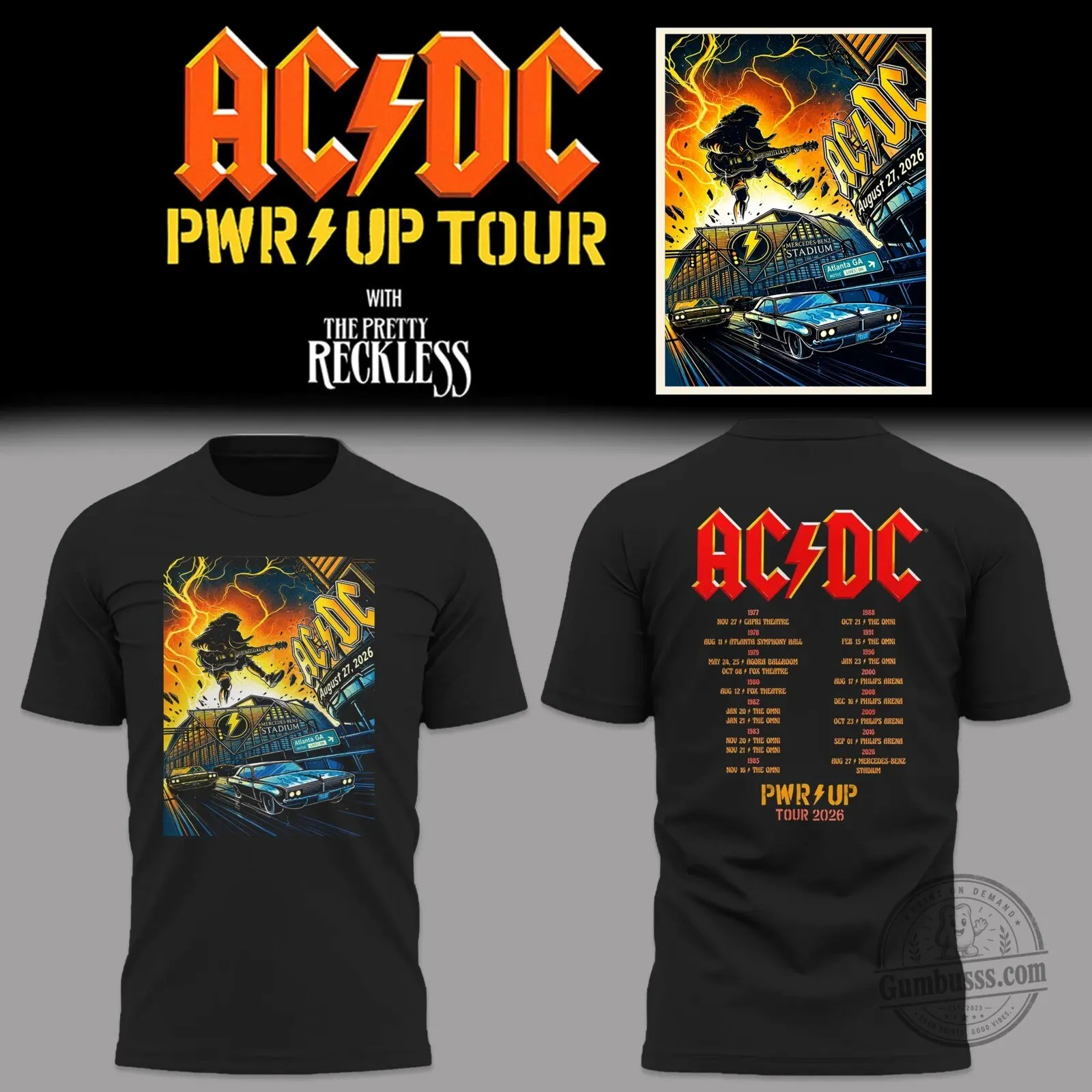 AC/DC Power Up Tour 2026 Atlanta Concert Black Graphic T-Shirt