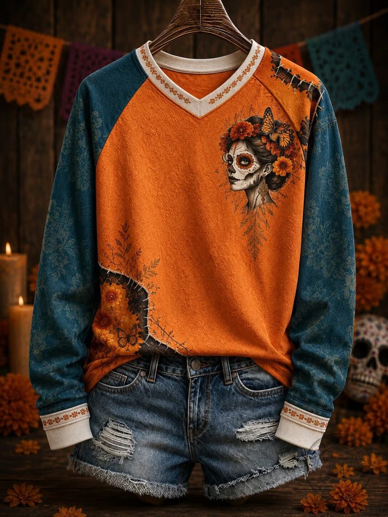 Day of the Dead Sugar Skull Woman Floral Raglan Sleeve Sweatshirt 16 Day of the Dead Sugar Skull Woman Floral Raglan Sleeve Sweatshirt