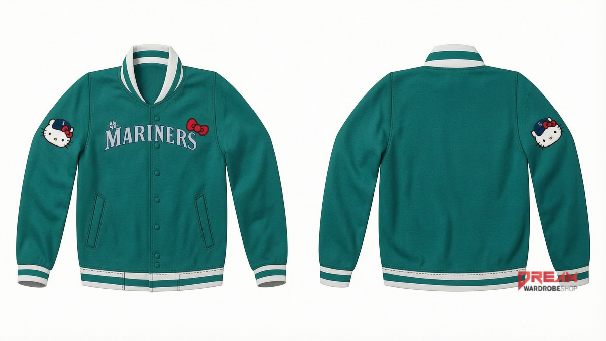 Front and back view of a teal Seattle Mariners varsity jacket with Hello Kitty branding.