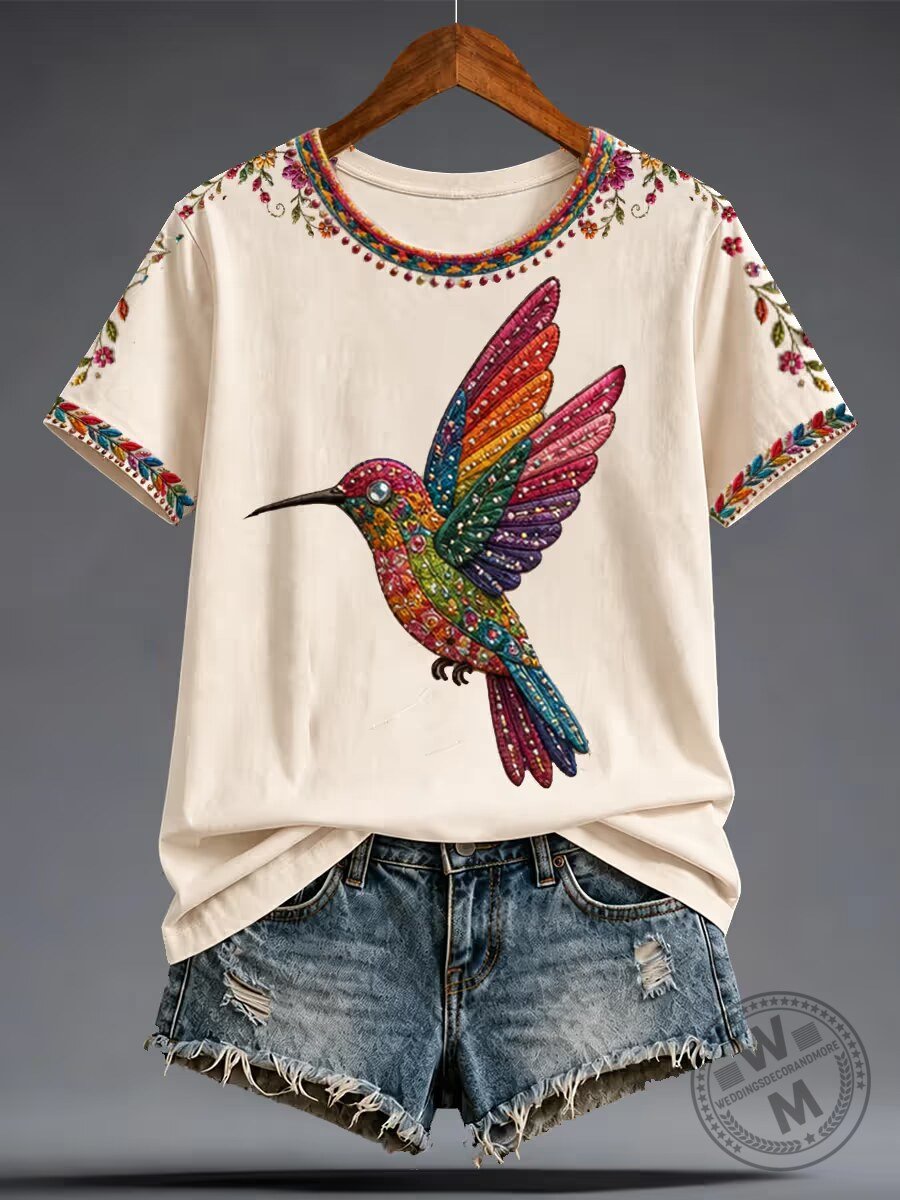 Colorful Hummingbird Embroidered Folk Art Short Sleeve T-Shirt