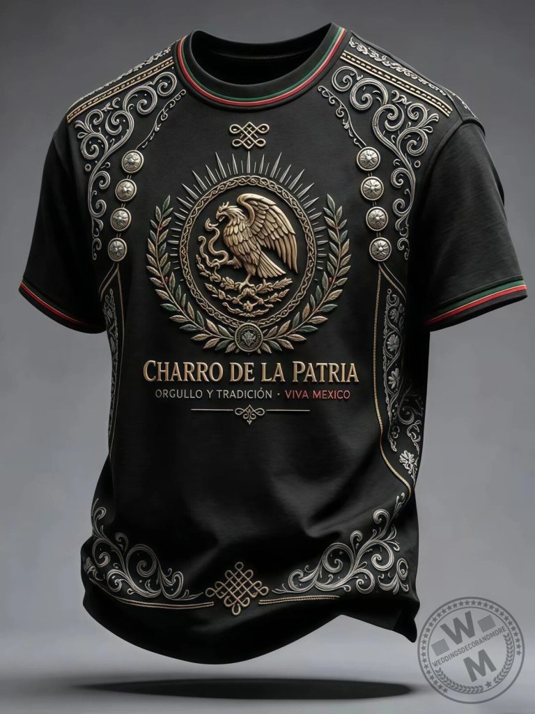 Mexico Charro De La Patria Eagle Gold Print Black T-Shirt