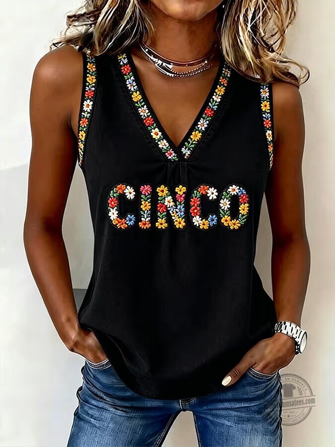 Cinco De Mayo Floral Embroidered V-Neck Tank Top for Women 3 Cinco De Mayo Floral Embroidered V-Neck Tank Top for Women