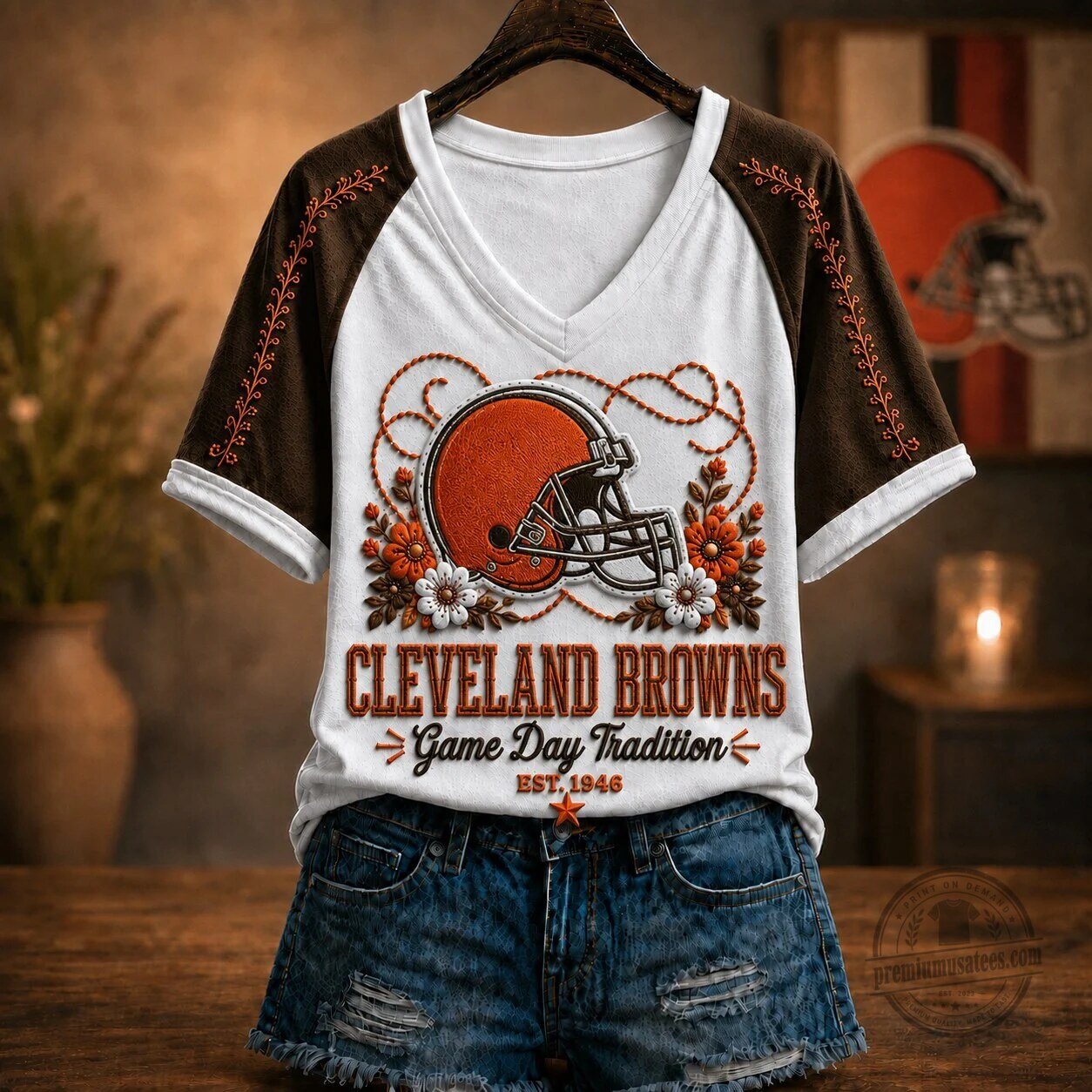 Cleveland Browns Game Day Tradition Football Helmet Women's V-Neck T-Shirt