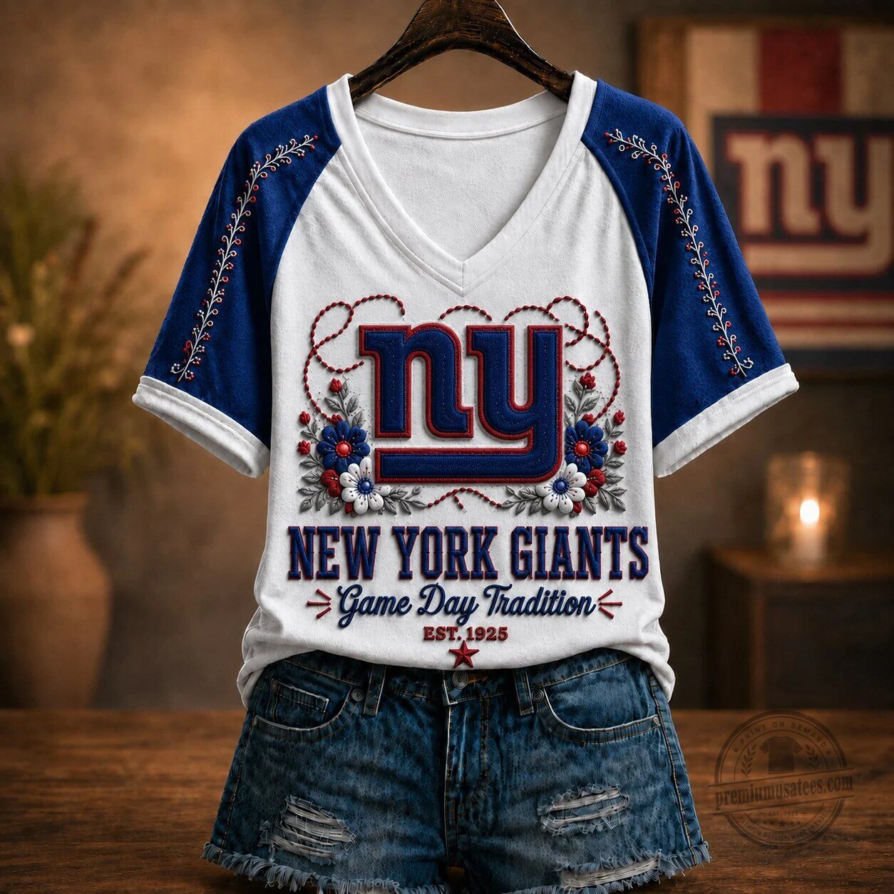 New York Giants Game Day Tradition Embroidered Flowers T-Shirt