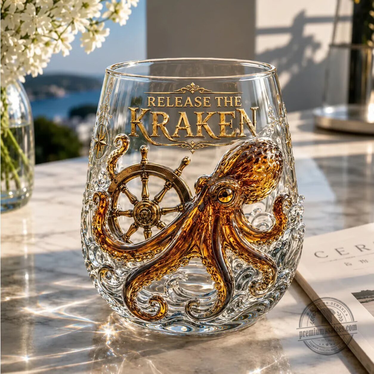 Release The Kraken Ocean Treasure Pirate Ship Wheel Octopus Drinking Glass