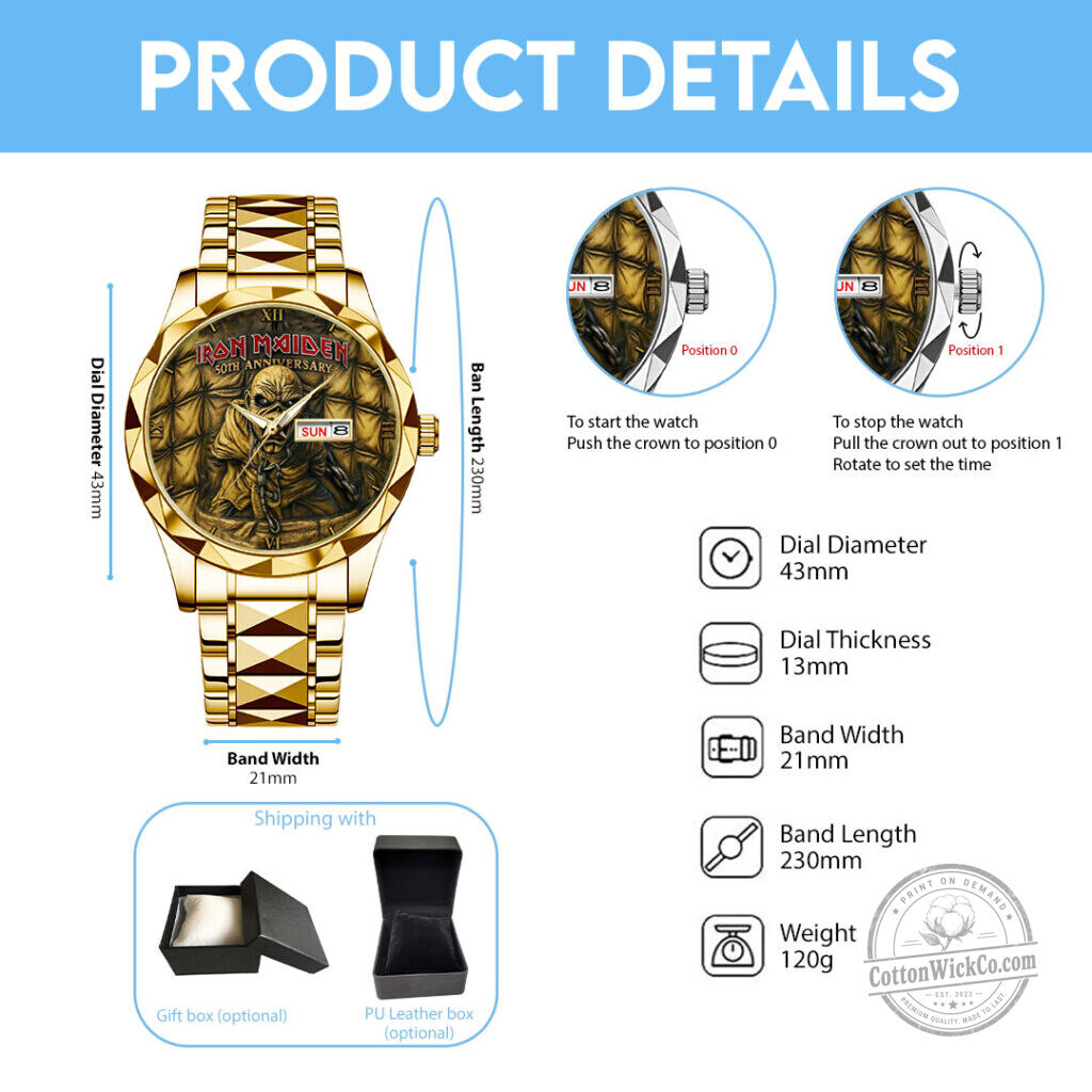 Iron Maiden Eddie The Trooper 50th Anniversary Gold Tone Wrist Watch 9 Iron Maiden Eddie The Trooper 50th Anniversary Gold Tone Wrist Watch