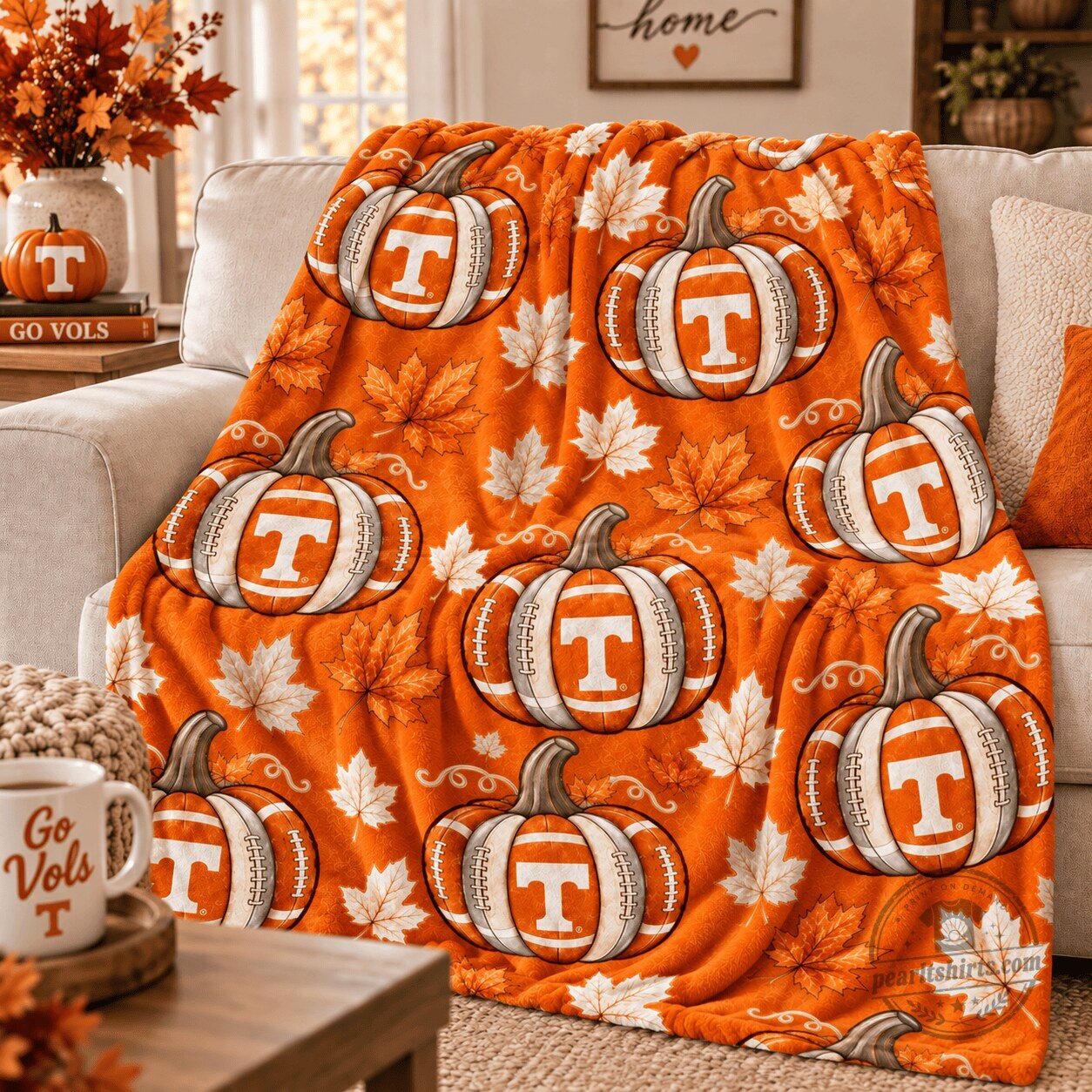 Tennessee Volunteers Football Pumpkin Autumn Leaves Fleece Blanket