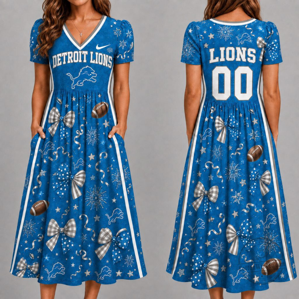 Detroit Lions Football Team Game Day Blue V-Neck Dress with Pockets Detroit Lions Football Team Game Day Blue V-Neck Dress with Pockets