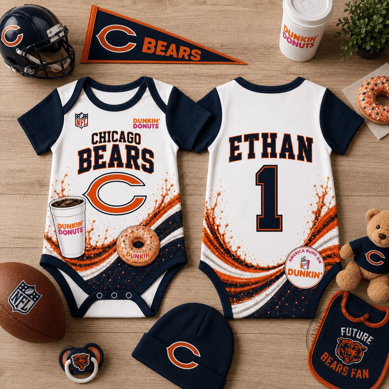 Chicago Bears Dunkin Donuts Baby Bodysuit with Ethan Number One Print