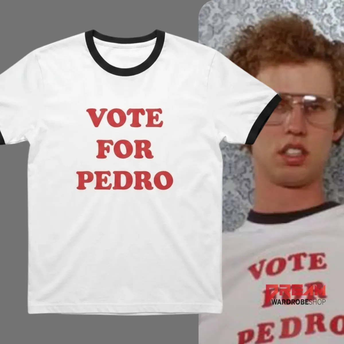 Napoleon Dynamite Vote For Pedro ringer t-shirt with red text and black trim.